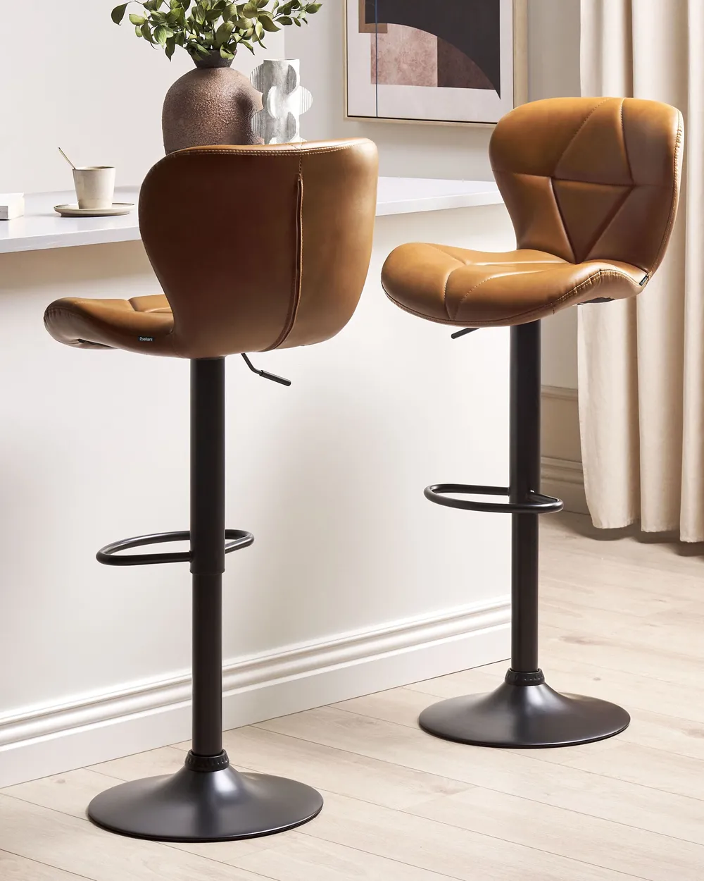 Set of 2 Bar Chairs VALETTA Faux Leather Swivel Golden Brown