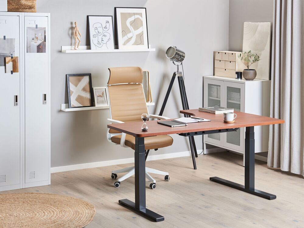 Eckschreibtisch elektrisch höhenverstellbar DESTIN 160 cm x 110 cm Braun / Schwarz linksseitig