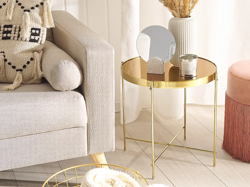 Table D'Appoint En C Dorée YMYNY - Verre Trempé Élégante Pour Canapé & Chevet 40x30x63cm