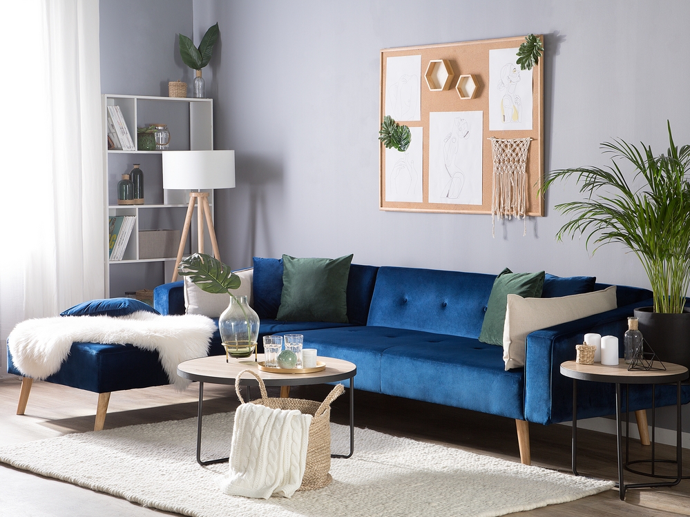 Right Hand Velvet Corner Sofa Bed Navy Blue VADSO Beliani
