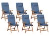 Set of 6 Garden Chairs with Cushions JAVA PREMIUM Acacia Wood Blue