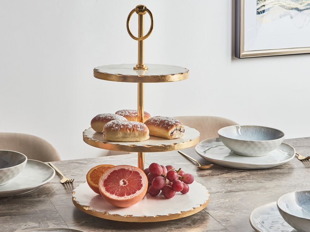 3 Tiered Marble Cake Stand White and Gold IPATI Beliani.es