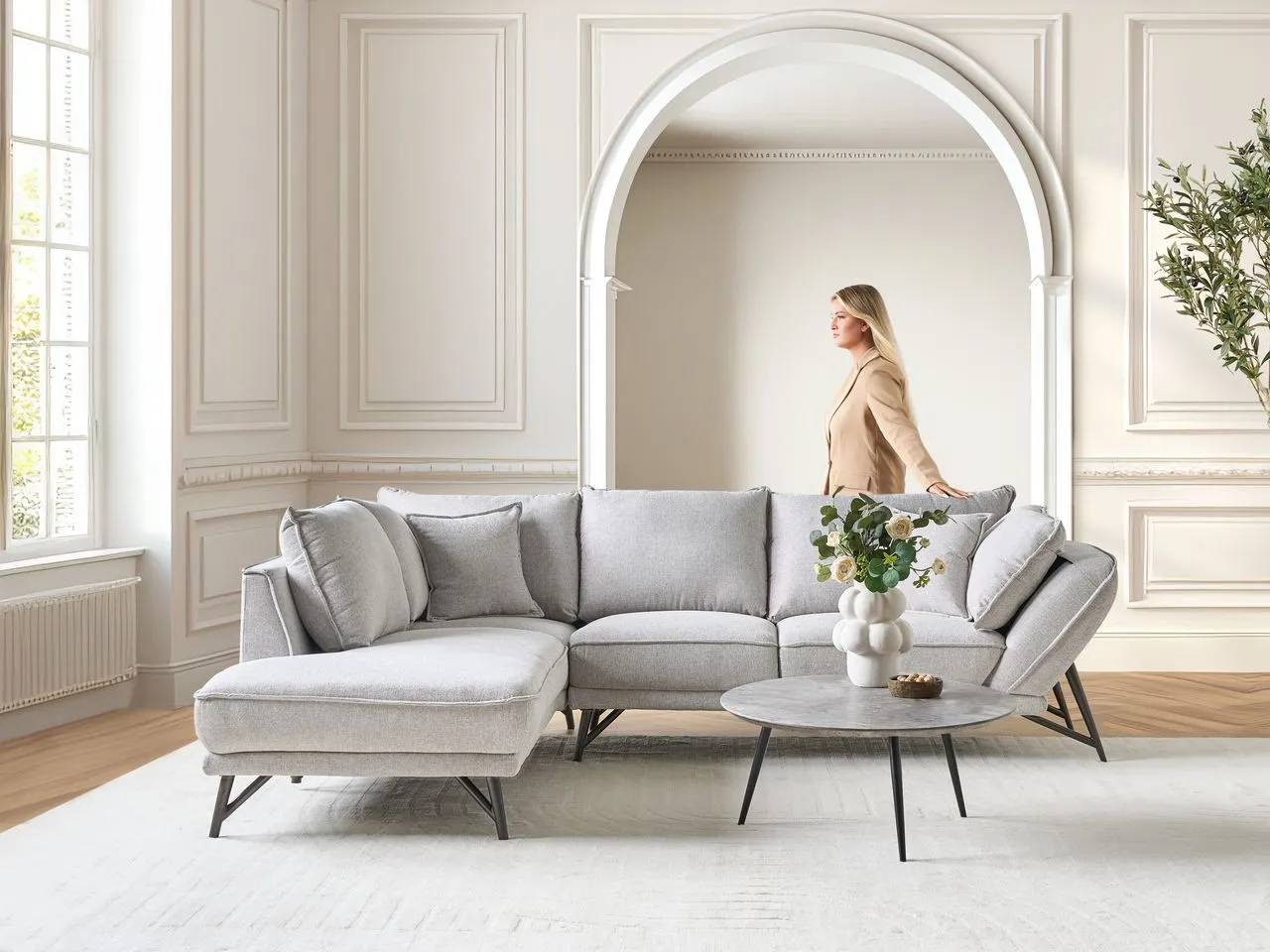 Corner Sofa 3 Seater ELGA Linen Light Grey Right Hand_929146