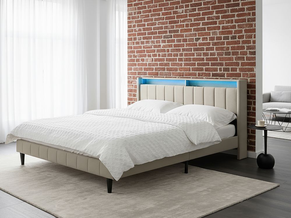 Łóżko LED BEAULIEU Beżowy 180 x 200 cm Z portem USB ze schowkiem