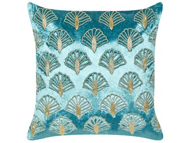 Embroidered Velvet Cushion Seashell Pattern 45 x 45 cm Turquoise PANDOREA