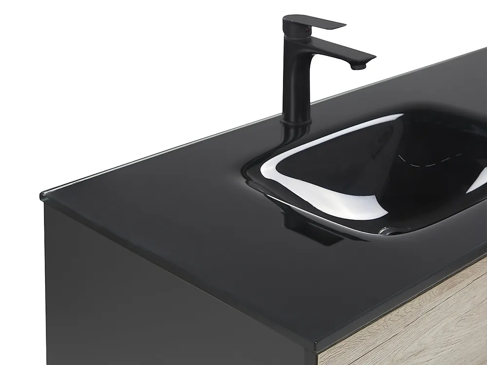 Meuble De Salle De Bain BELINI 140 Cm - Lavabo Céramique Inclus, 2 Armoires, Miroir Et Éclairage LED - Couleur Noir Très Brillant