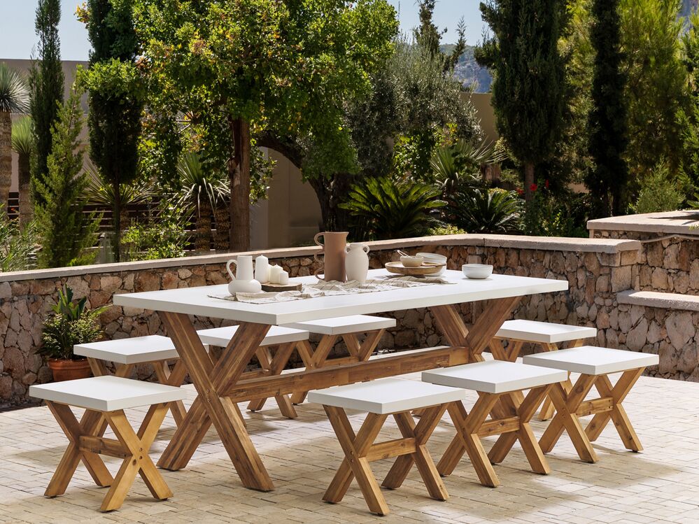 Conjunto de comedor exterior con taburetes 8 plazas OLBIA Cemento Blanco