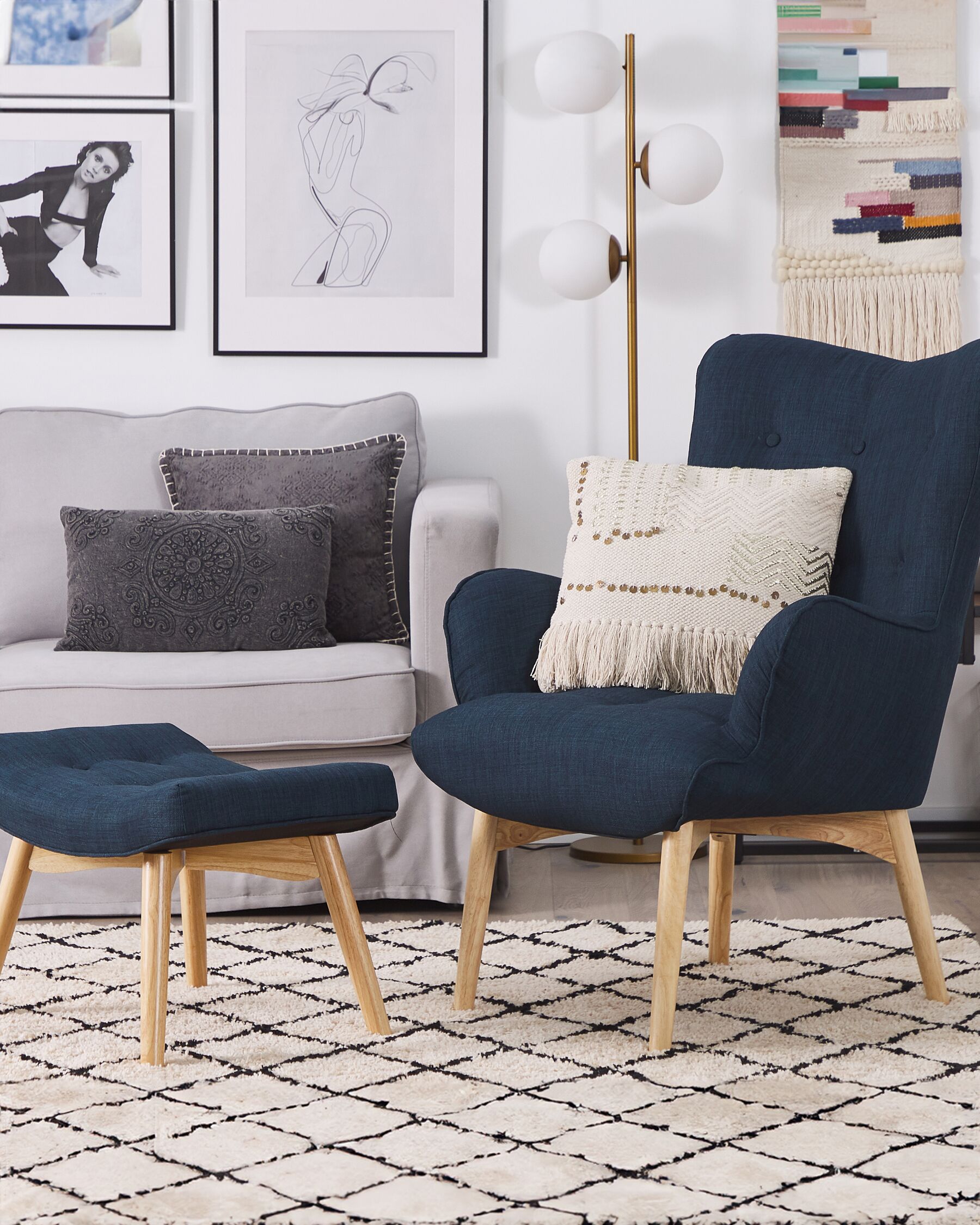 Wingback Chair with Footstool Dark Blue VEJLE_254087