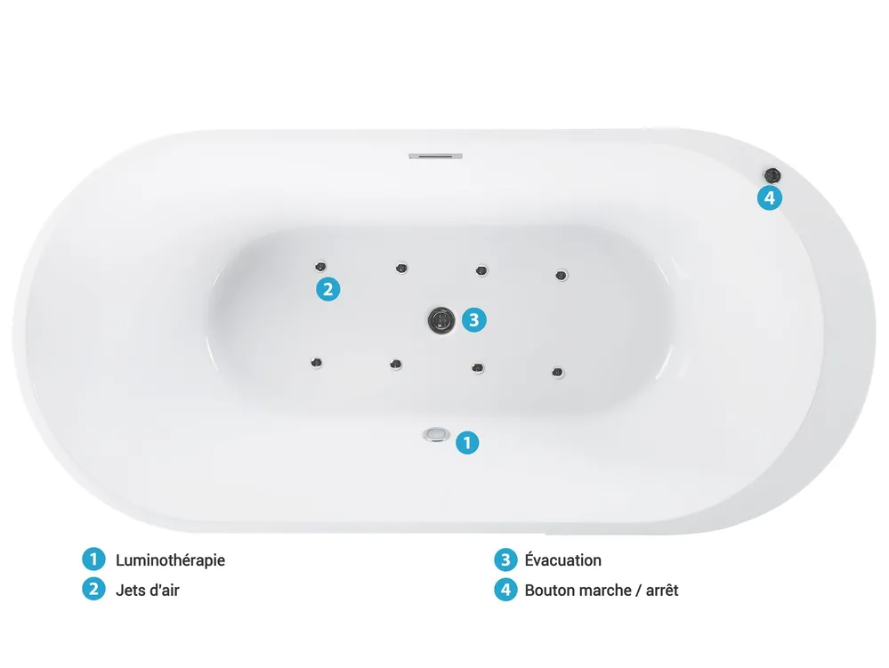 Baignoire balnéo îlot avec LED NEVIS 170 x 80 cm Blanc_798735