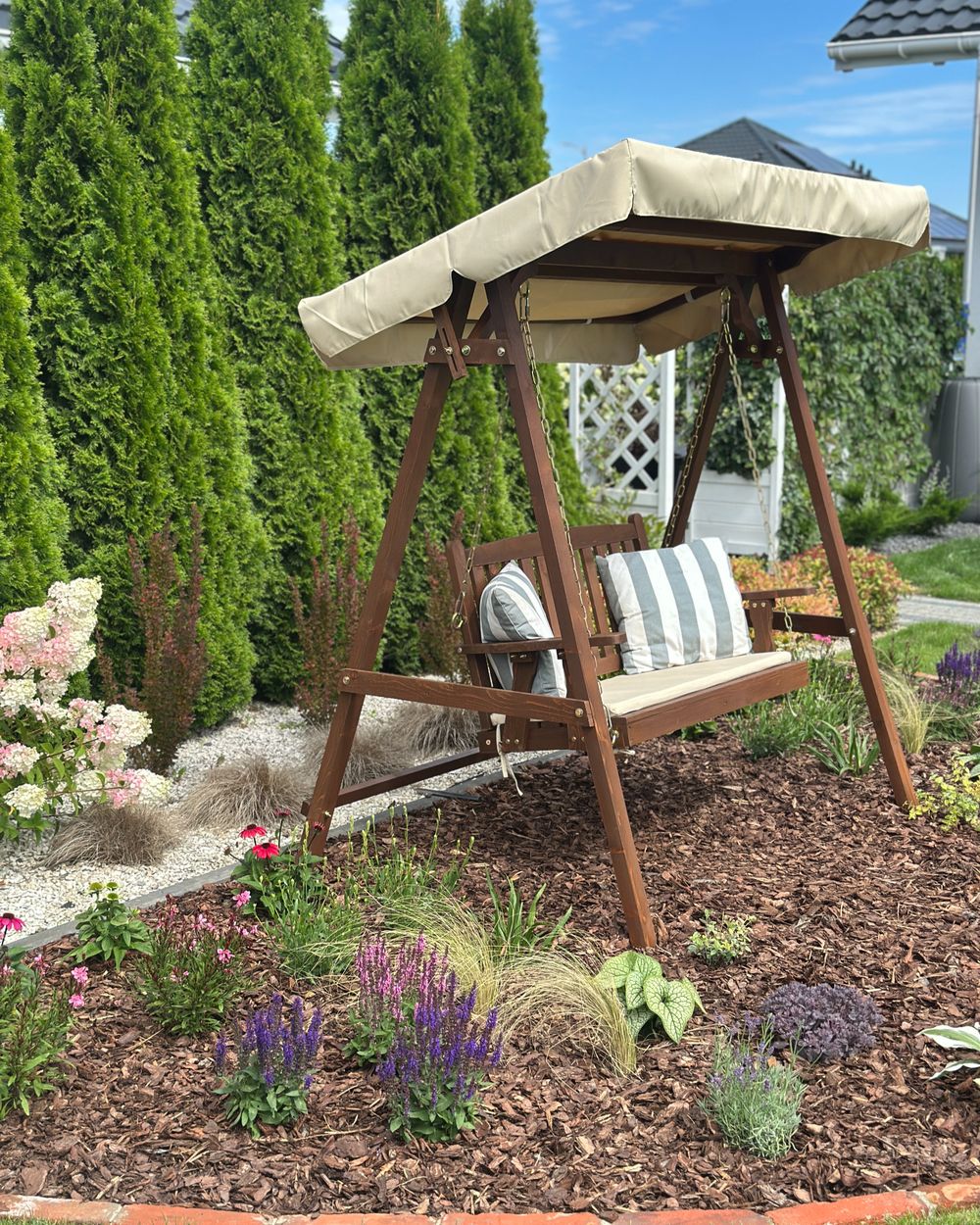 Wooden Garden Swing Seat With Canopy Patio Swing CAVIOLA Spruce Wood Dark  Brown