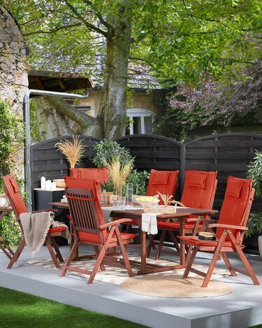 Set of 6 Acacia Garden Folding Chairs with Red Cushions TOSCANA