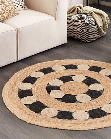 Round Jute Area Rug ⌀ 140 cm Beige and Black HOVIT