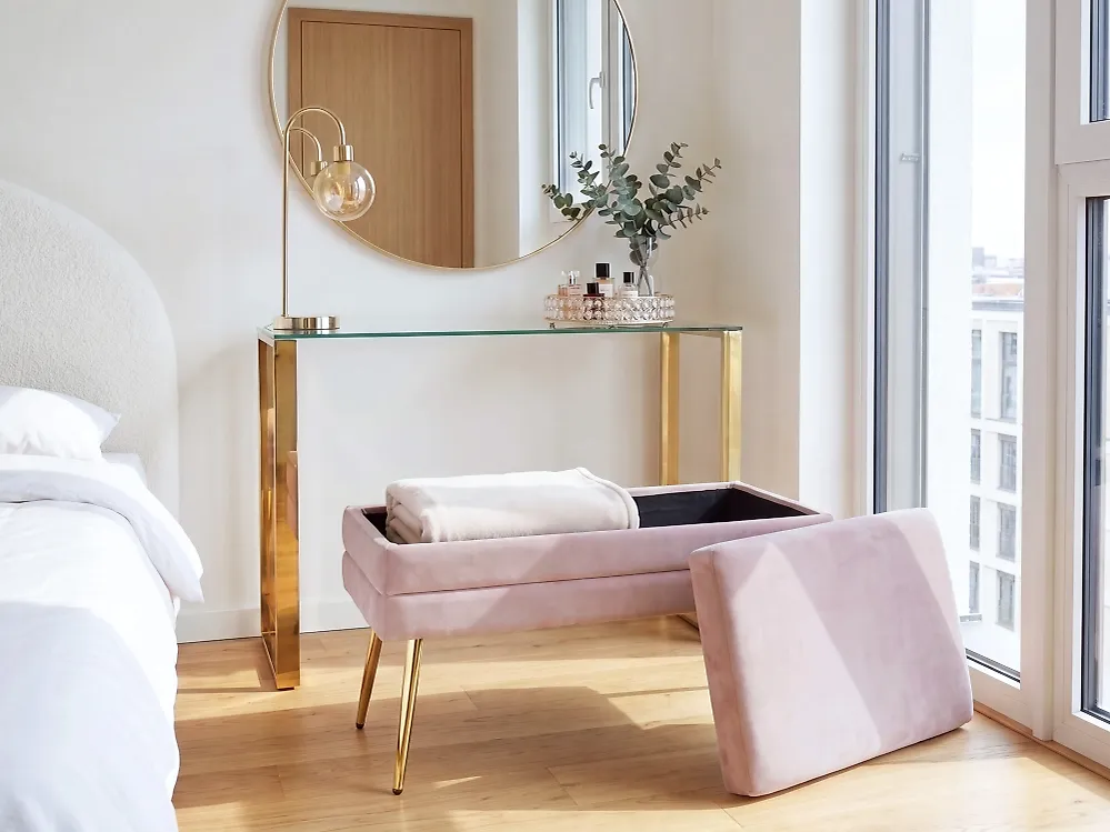 Banco tapizado con almacenaje DURHAM Terciopelo Rosa_1185965