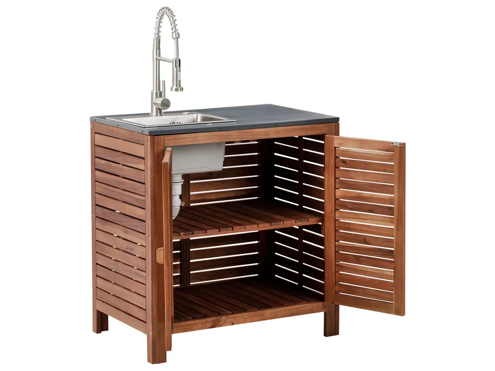 Outdoor Kitchen Cabinet with Sink BRUCOLI Brown/ Silver Acacia Wood_1002042