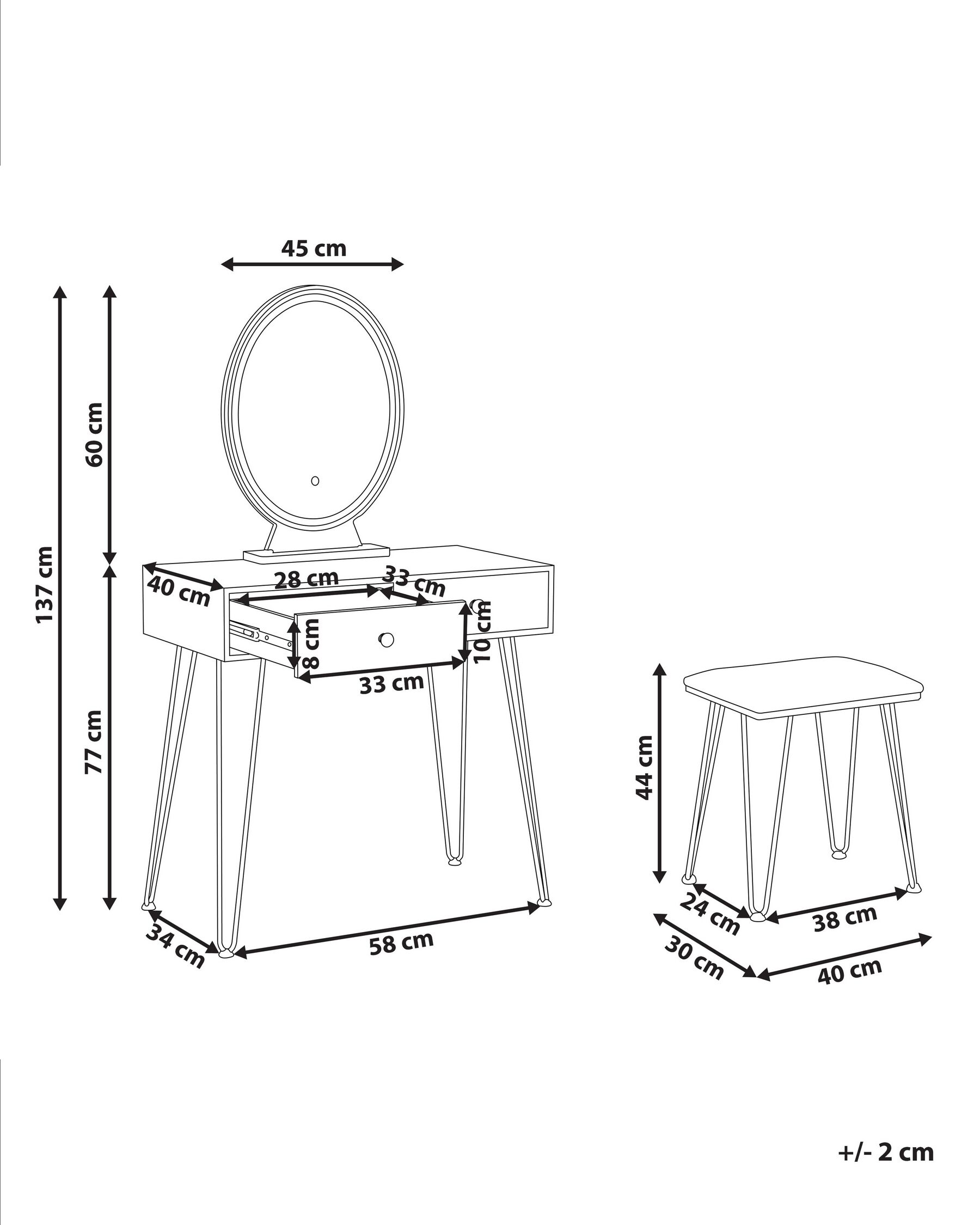 2 Drawers Dressing Table with LED Mirror and Stool Dark Wood and Black LOIX_845526