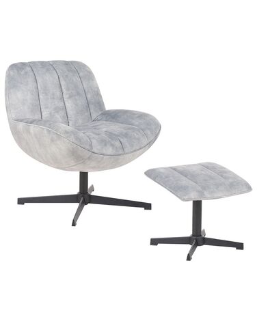 Velvet Swivel Armchair with Footstool Grey LIA