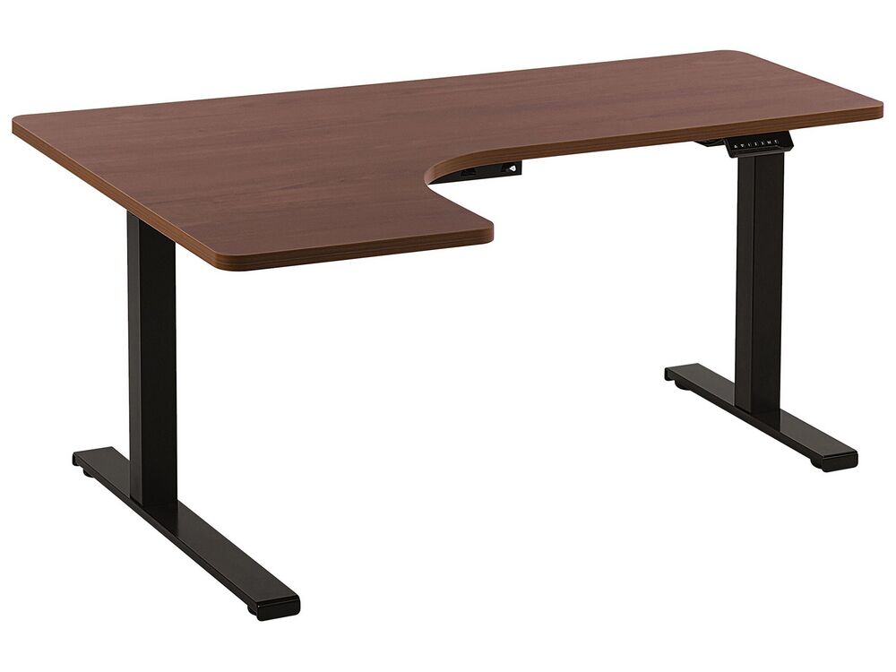 Eckschreibtisch elektrisch höhenverstellbar DESTIN 160 cm x 110 cm Braun / Schwarz linksseitig