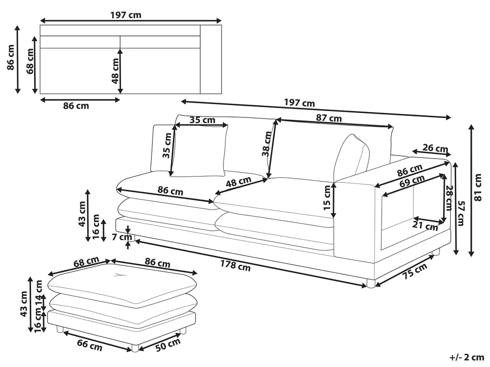 Sofa 2 Seater HEDEN with Ottoman Fabric Grey_950689