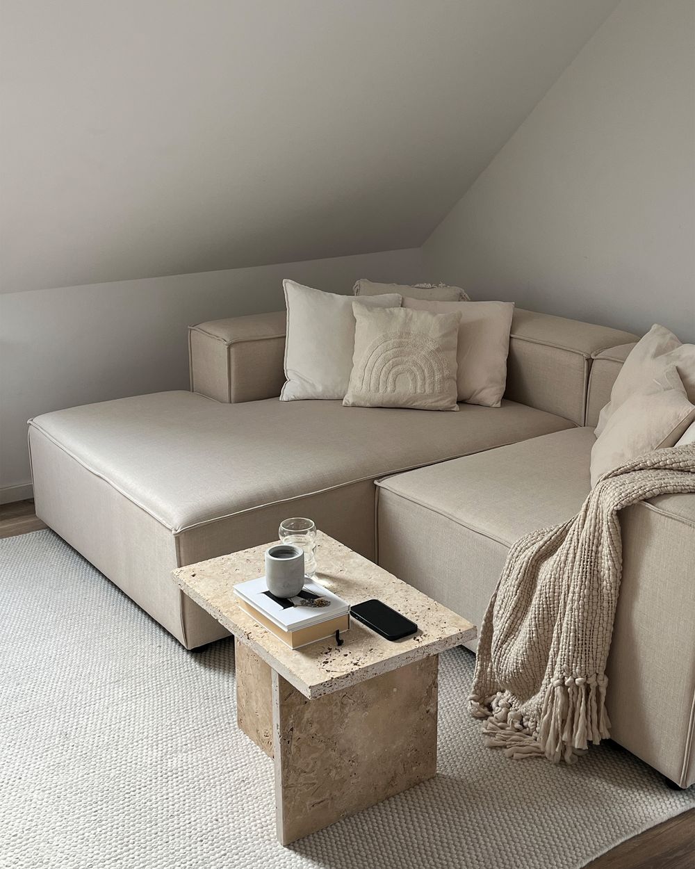 Right Hand 2 Seater Modular Linen Corner Sofa Beige APRICA Beliani