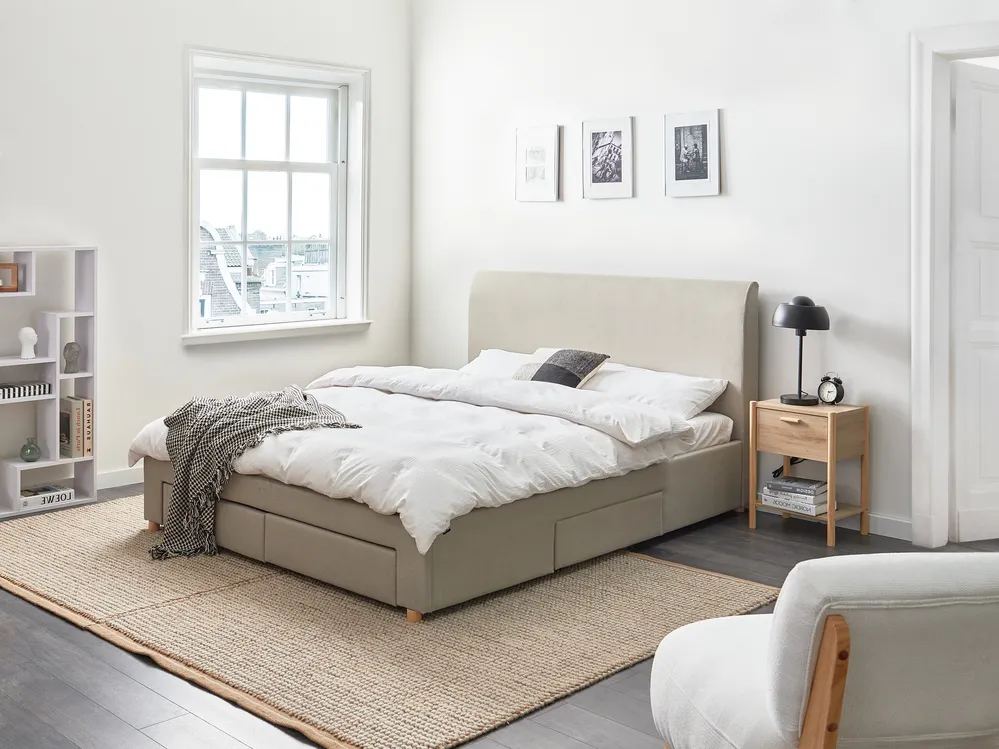 Lit avec tiroirs de rangement SOUTRIN Tissu Beige 160 x 200 cm_993422