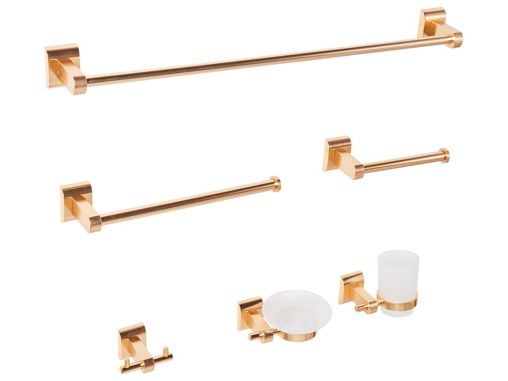 Sæt med 6 badeværelsestilbehør TALARA Med håndtag og kroge til håndklæder Guld