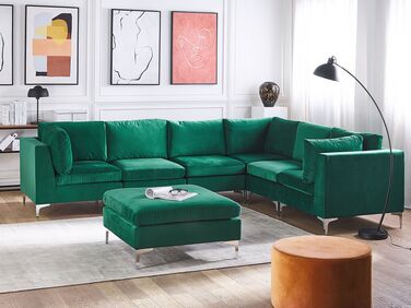 Left Hand 6 Seater Modular Velvet Corner Sofa with Ottoman Green EVJA