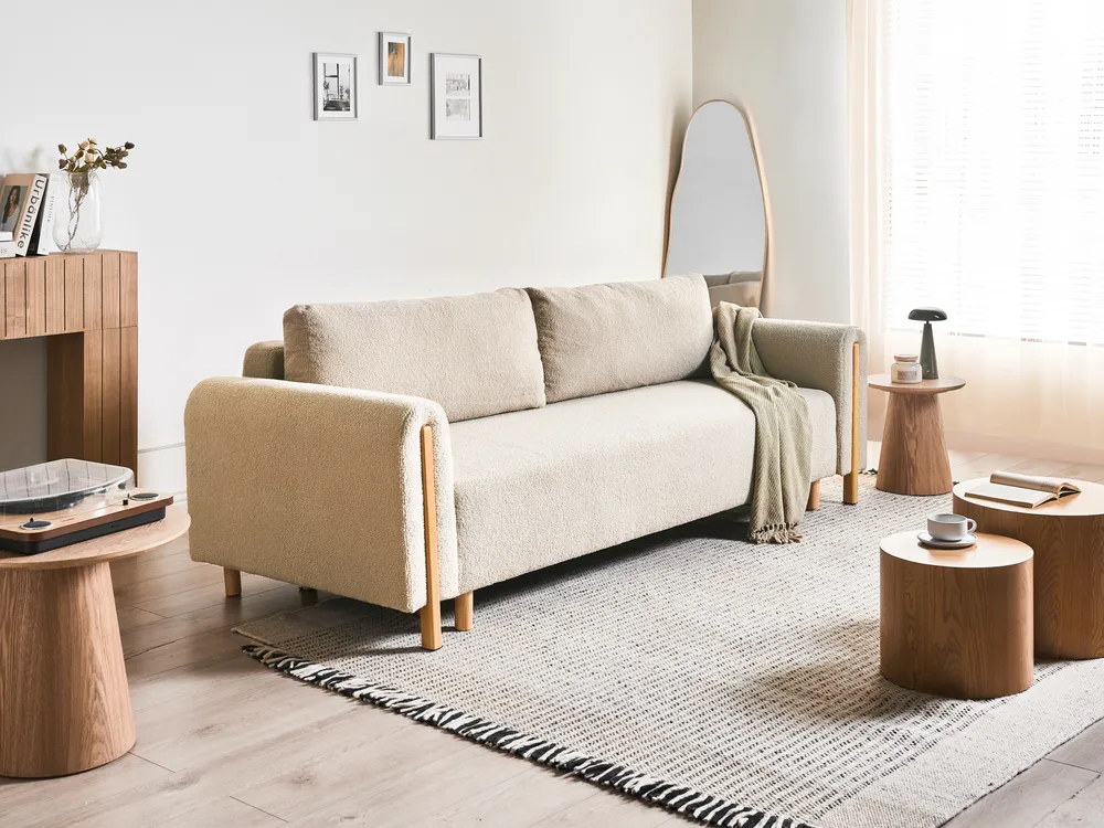 Sofa Bed 3 Seater KVAM with Storage Boucle Light Beige