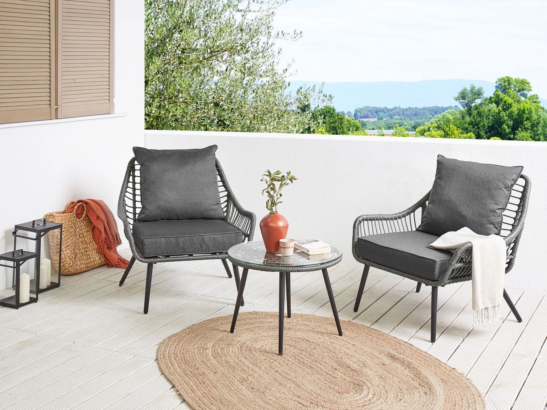 Bistro Set with Cushions LAURETO PE Rattan Grey_878212
