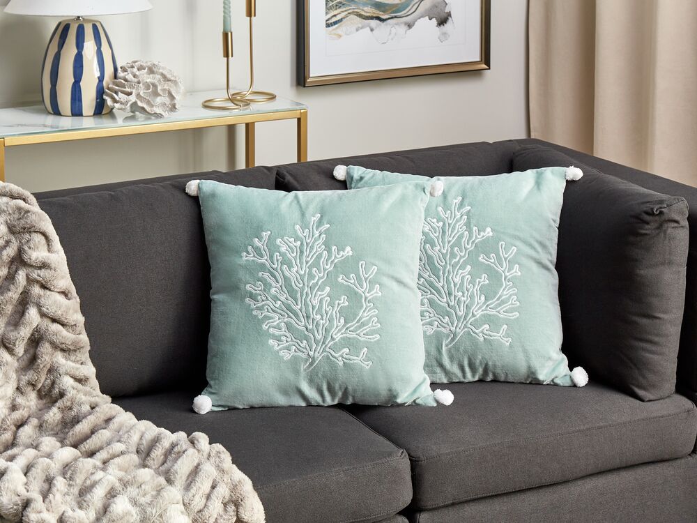 Set of 2 Velvet Cushions Coral Motif 45 x 45 cm Mint Green NORI Beliani.cz