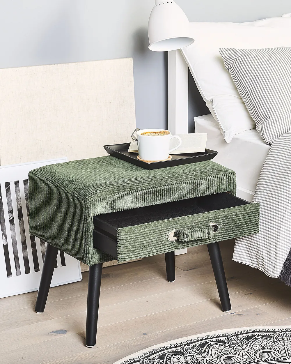 1 Drawer Bedside Table EUROSTAR Corduroy Dark Green_773679