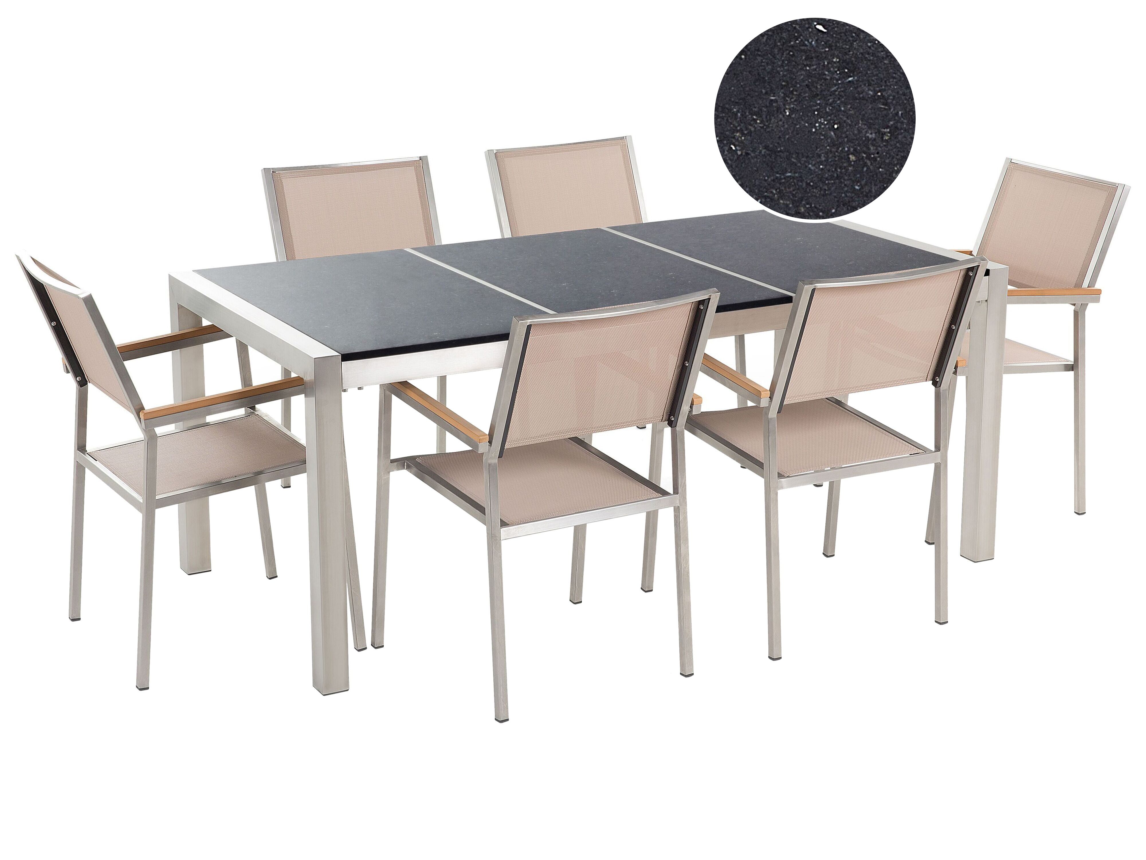 Tuinset met zwart tafelblad 180 x 90 cm met 6 stoelen beige GROSSETO_395077