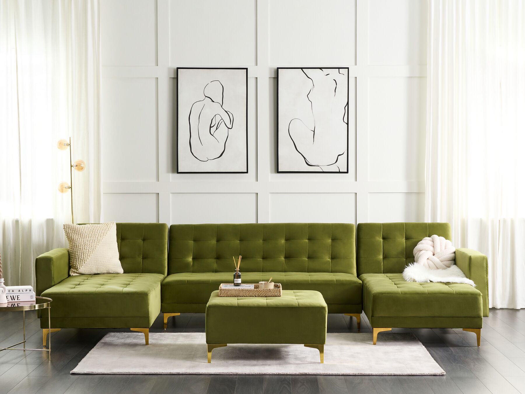 5 Seater U-Shaped Modular Velvet Sofa with Ottoman Green ABERDEEN_882431