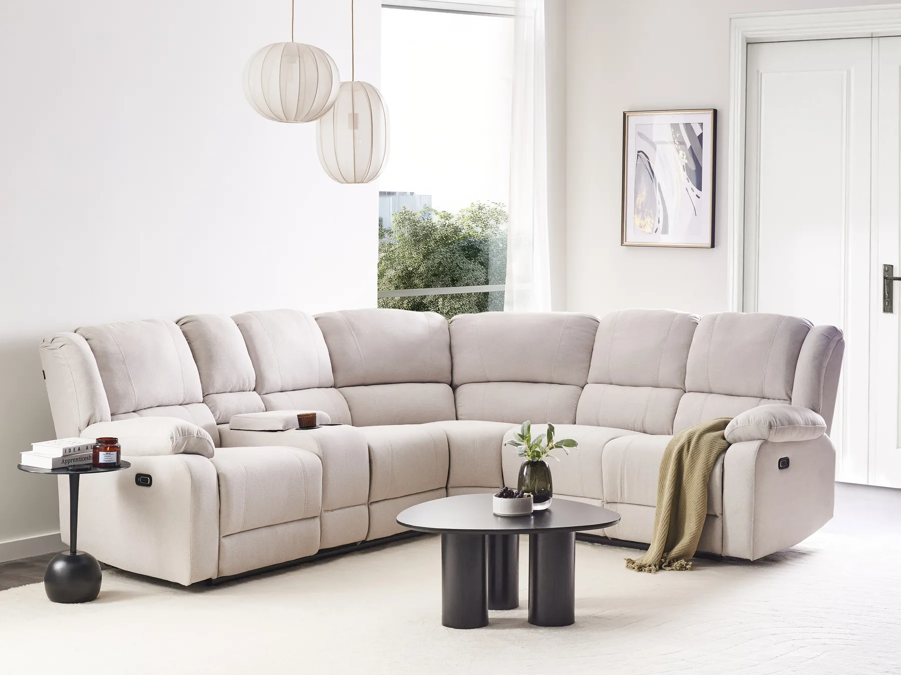 Manual Recliner Corner Sofa 5 Seater ROKKE with USB Port Fabric Off-White Left Hand_959369