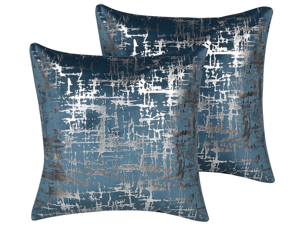 Set of 2 Decorative Cushions GARDENIA 45 x 45 cm Velvet Blue Abstract Pattern