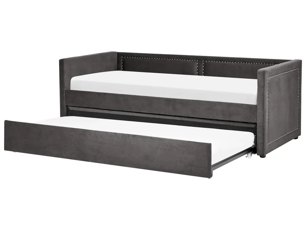 Lit De Jour Gigogne 90x200cm Gris Clair Velours Avec Tiroirs - Neuf