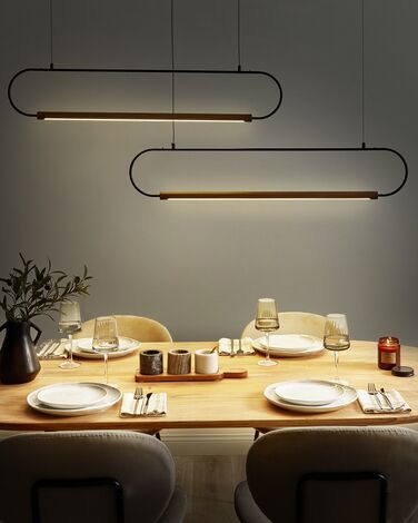 2 Light Metal LED Pendant Lamp Black and Light Wood LOGONE