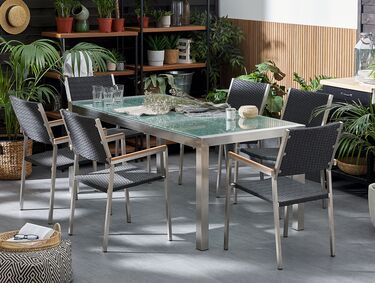 6 Seater Garden Dining Set Triple Plate Cracked Ice Glass Top with Black Rattan Chairs GROSSETO