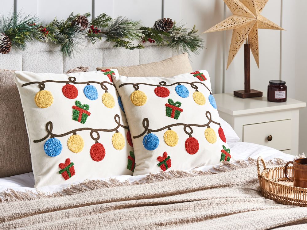 Set of 2 Decorative Cushions PALMIER 45 x 45 cm Velvet Off-White Christmas Motif