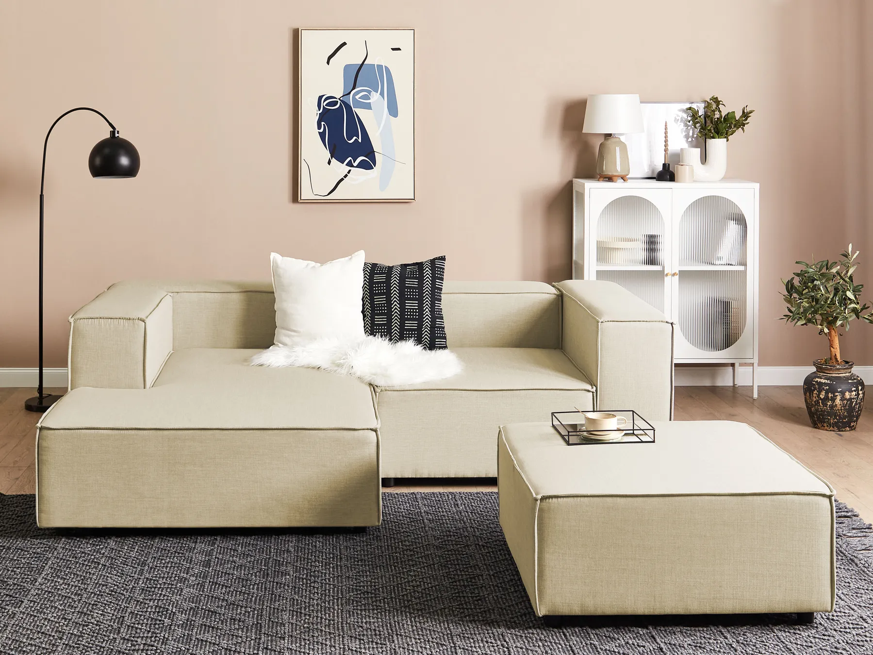 Modular Corner Sofa 2 Seater APRICA with Ottoman Faux Linen Beige Right Hand_856954