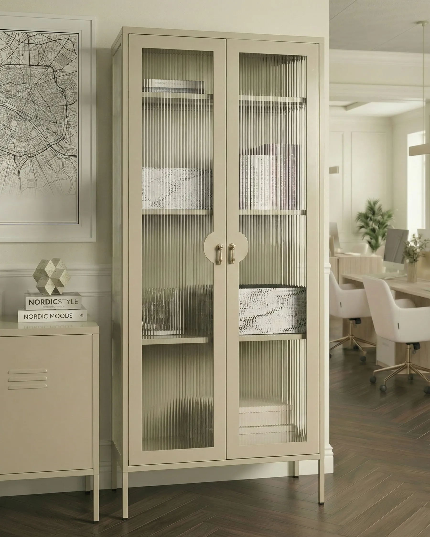 Glass Display Cabinet GLEORA Metal Light Beige_1046472