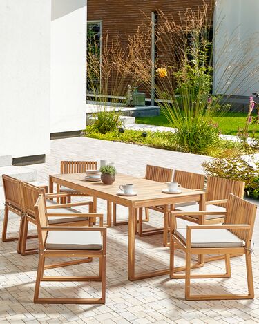 Set of 8 Certified Acacia Wood Garden Dining Chairs with Taupe Cushions SASSARI II