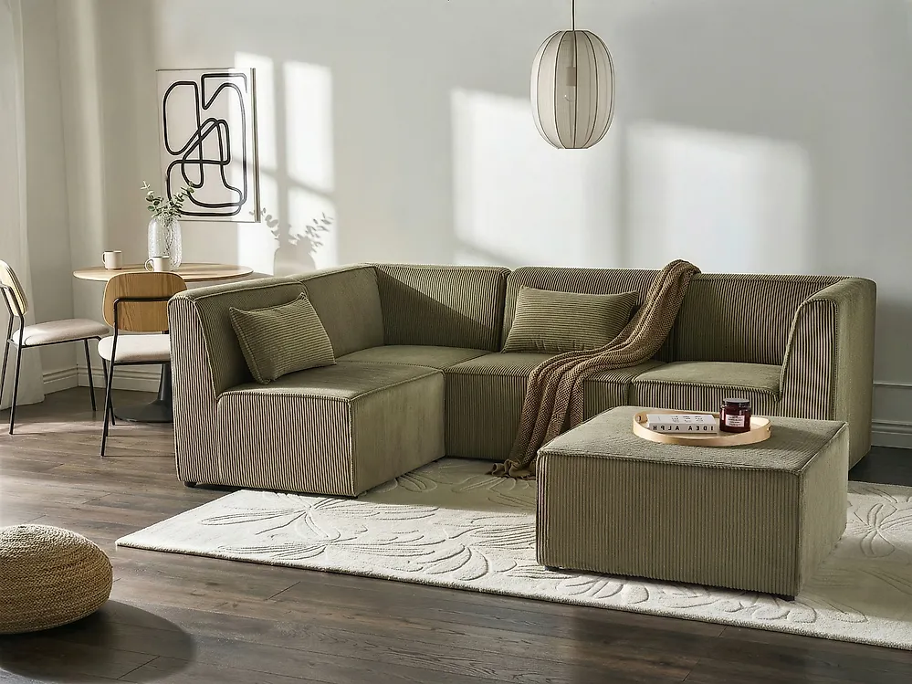 Modul Ecksofa 4-Sitzer LEMVIG mit Ottomane Cord Grün rechtsseitig_1188314