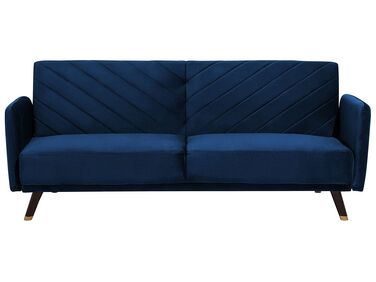 Sofá cama 3 plazas de terciopelo azul marino/madera oscura SENJA