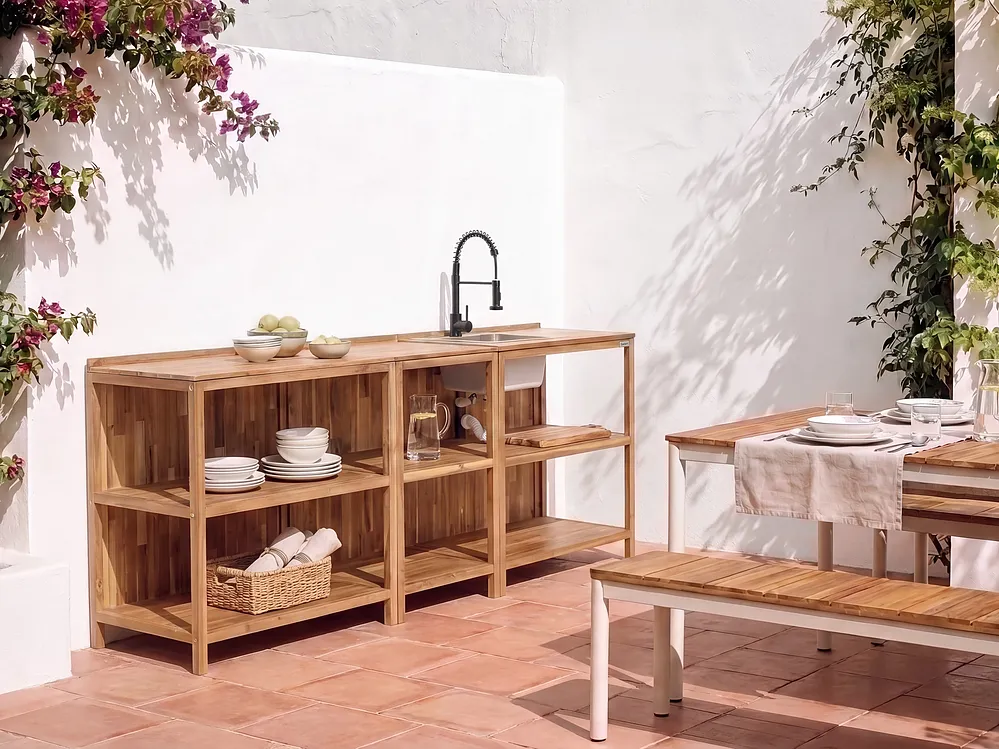 Outdoor-Kücheninsel mit Spüle VENOSA Braun / Schwarz Braun Akazienholz_1155542