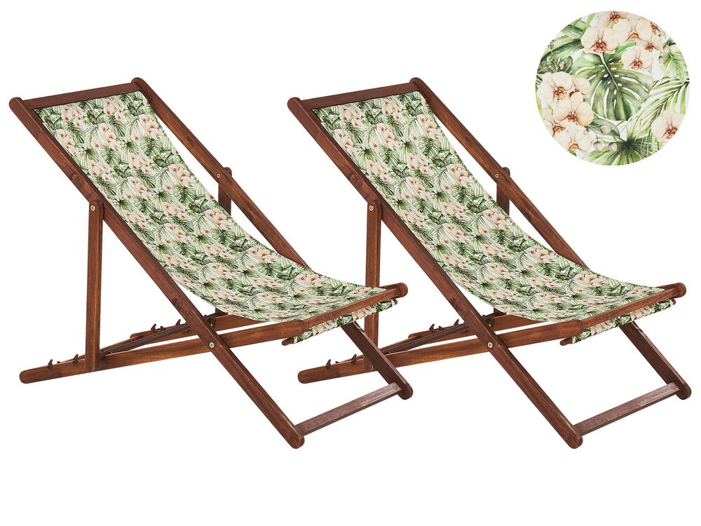 Set of 2 Acacia Folding Deck Chairs and 2 Replacement Fabrics Dark Wood with Off White Floral Pattern ANZIO Beliani