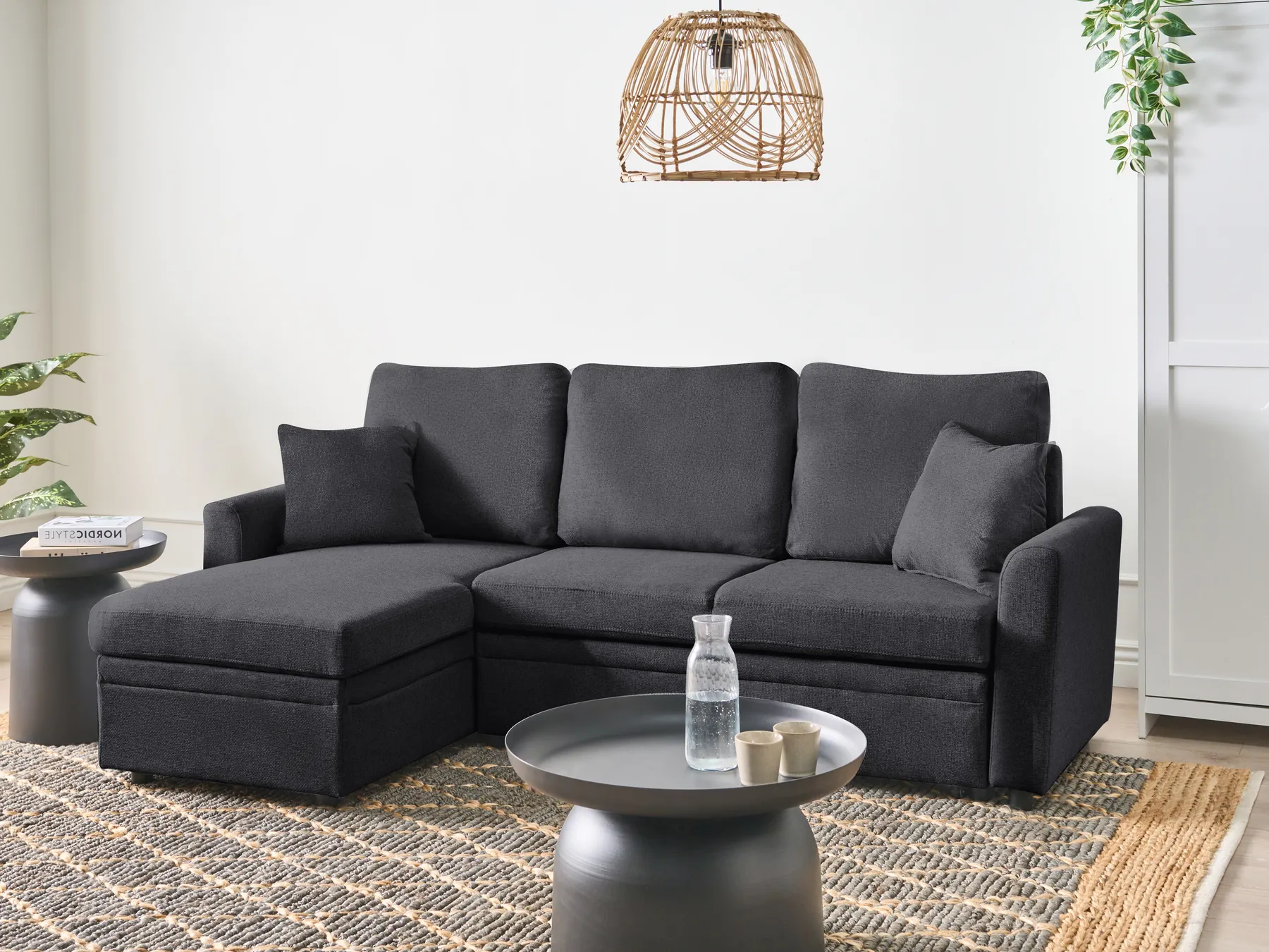 Corner Sofa Bed 3 Seater NASSJO Faux Linen Black Right Hand_999967