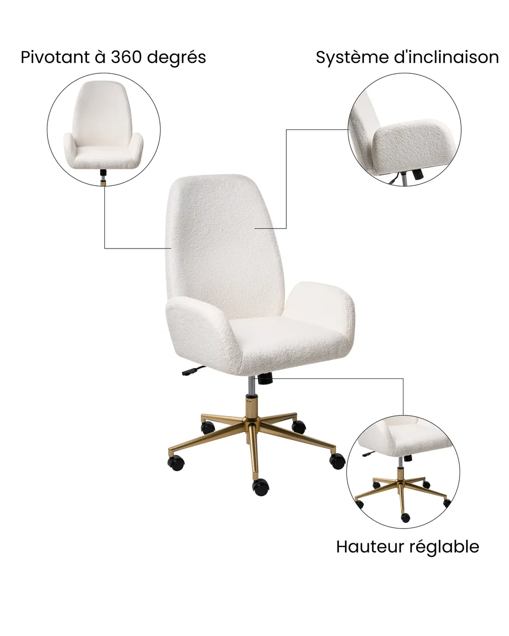 Chaise de bureau CLARE Bouclé Blanc_1074685