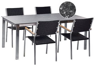 4 Seater Garden Dining Set Black Granite Effect Glass Top with PE Rattan Black Chairs COSOLETO/GROSSETO