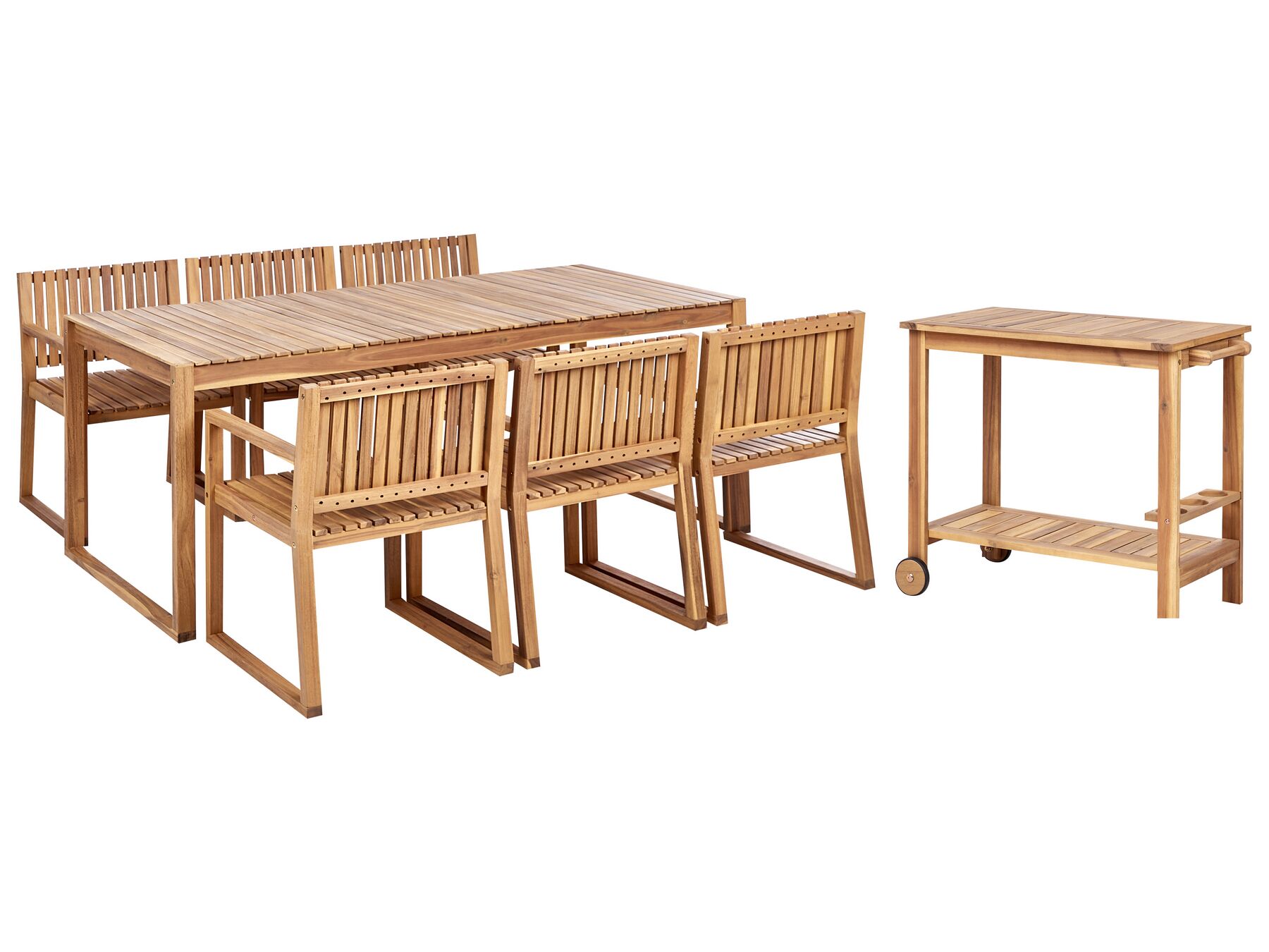 Conjunto de comedor 6 plazas de madera de acacia certificada clara con carrito de cocina SASSARI II_923793