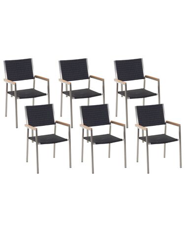 Conjunto de 6 sillas de jardín de ratán/acero negro/plateado GROSSETO